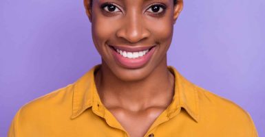 Cropped photo of young man woman toothy smile oral care whitening clinic isolated over violet color background.